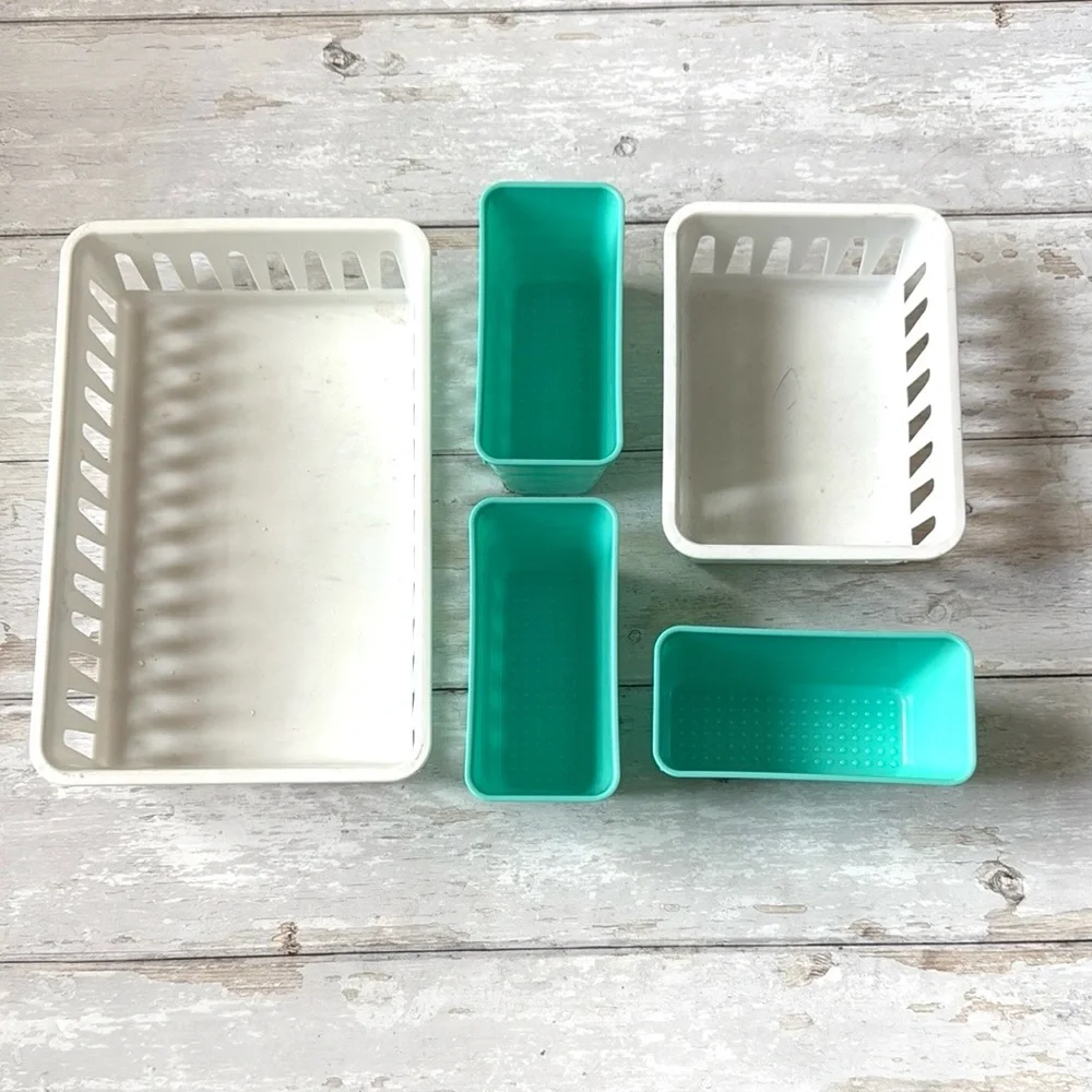 Storage Baskets Drawer Dividers Organizers Bundle Lot Set of 5 White Teal